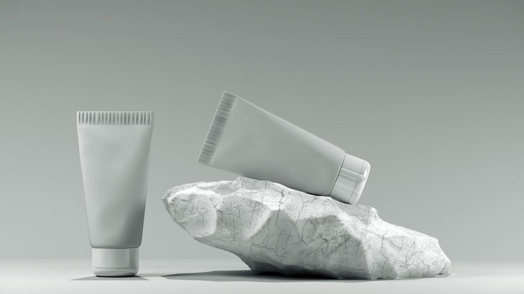 3d illustration. Blank white tube design on a stone mockup front back profile side view set.