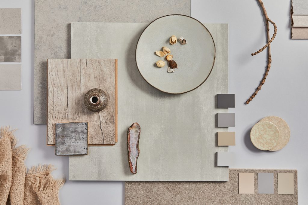 Creative flat lay design of stylish beige architect moodboard composition