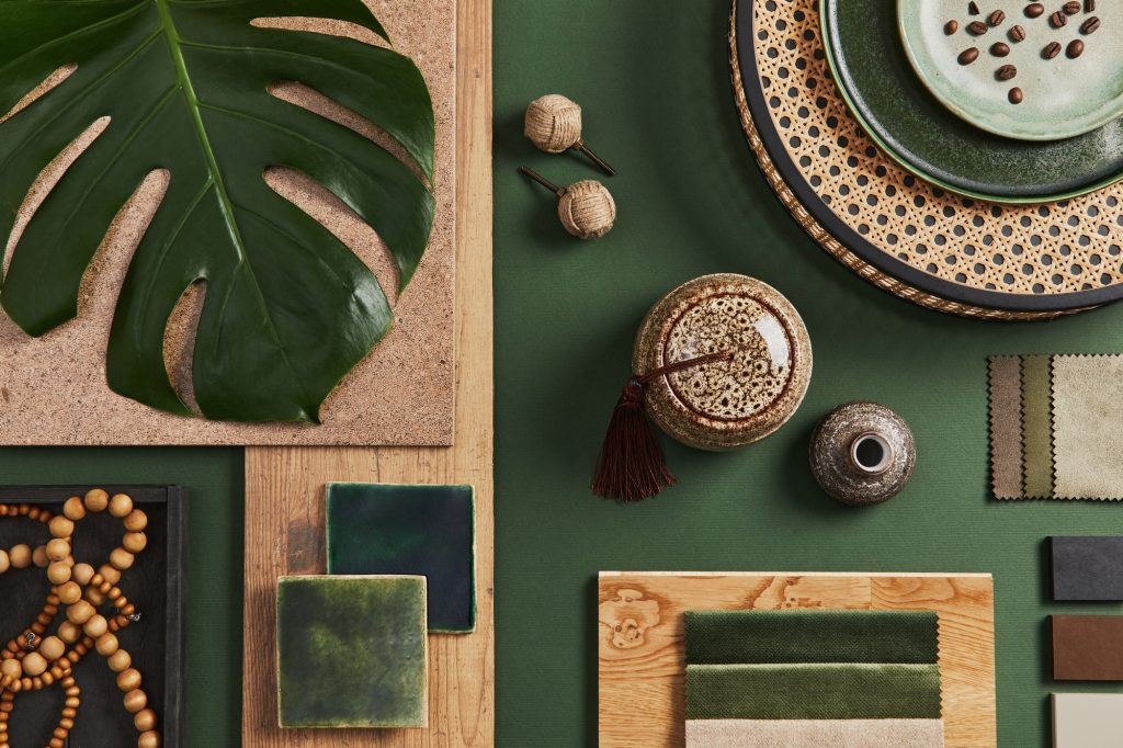 Stylish flat lay composition of creative architect moodboard design